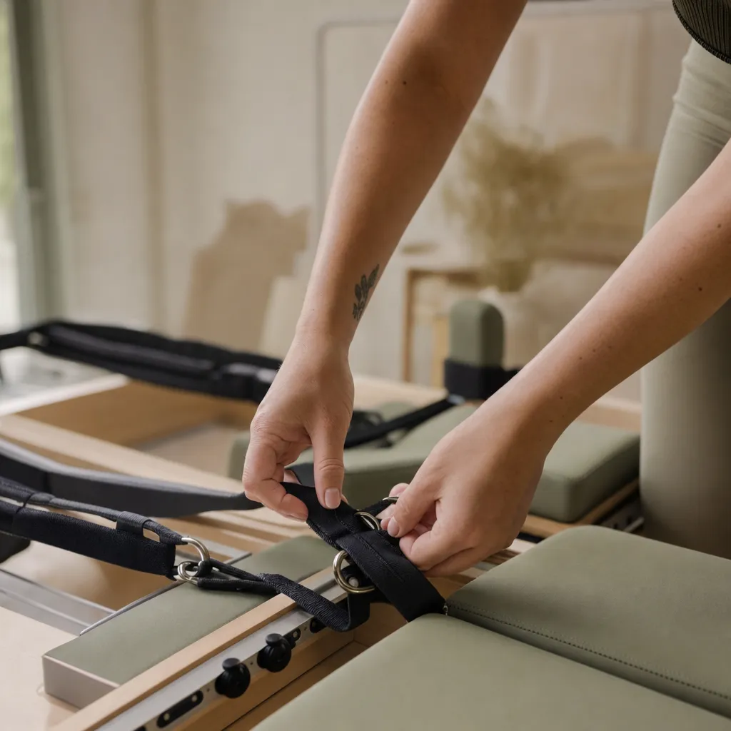 Hands adjusting the straps of a pilates reformer