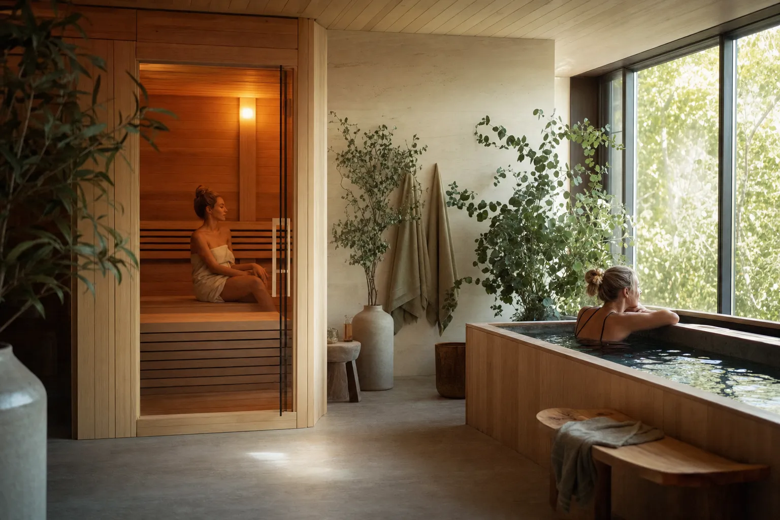 A serene recovery centre with a warm cedar sauna beside a timber-clad cold plunge ice bath